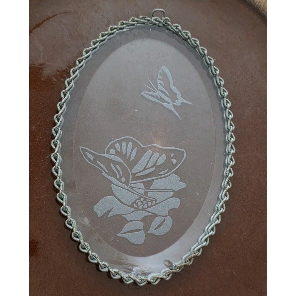 Vintage Butterfly Etched Beveled Glass Suncatcher Decor Granny Cottage